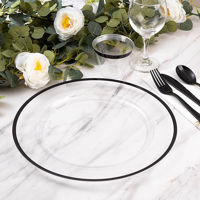 Goodluck 12 Inch Black Charger Plates, 50 Pack Clear Charger Plates with Black Trim, Disposable Plastic Dinnerware, Wedding, Party