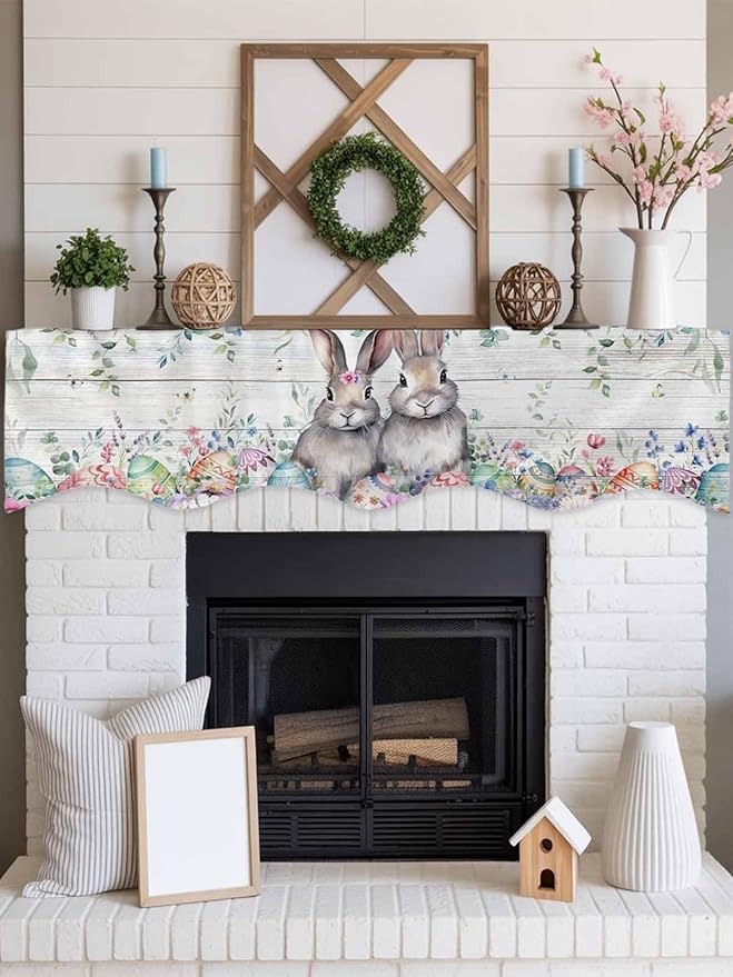 Bunny Easter Fireplace Mantel Scarf Table Runner,Eucalyptus Leaves Spring Floral Eggs Wooden Winter Garland Mantel Top Tablerunners Dresser Scarves Cover for Windows Party Living Room 90"x17"