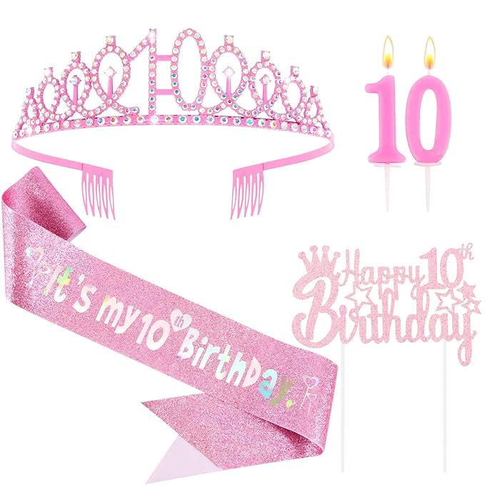 10th Birthday Party Decorations Set for Girls- Pink Crown, Glitter Sash, Number 10 Candle & Cake Topper Kit for Birthday Celebrations Party Supplies Gift
