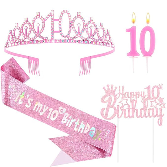 10th Birthday Party Decorations Set for Girls- Pink Crown, Glitter Sash, Number 10 Candle & Cake Topper Kit for Birthday Celebrations Party Supplies Gift
