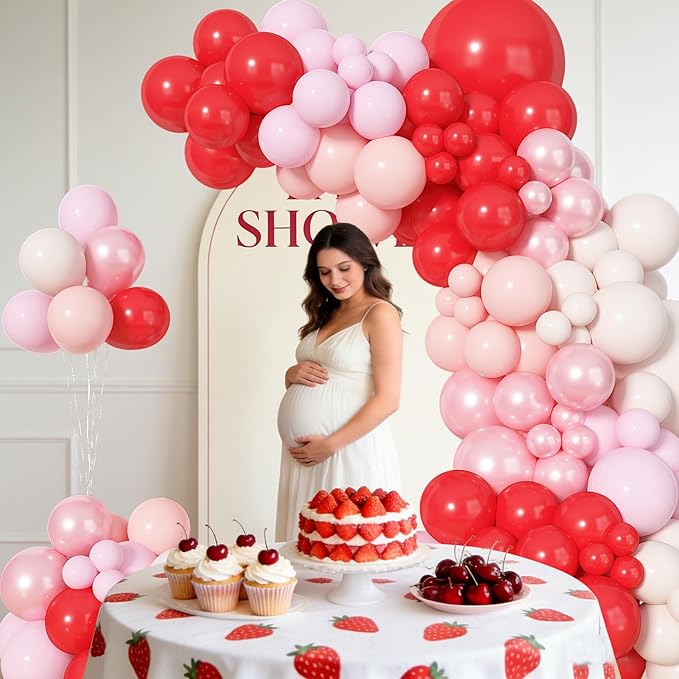 Amandir 153pcs Red and Pink Balloons Arch Garland Kit, Different Sizes 18 12 10 5 inch Strawberry Cherry Pastel Pearl Light Pink Balloon Sweet One Shower Berry First Birthday Summer Party Decorations