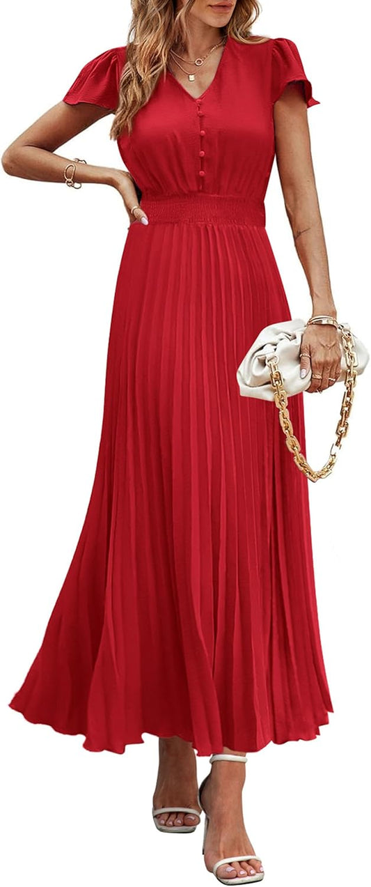 PRETTYGARDEN Women's Maxi Dresses 2025 Summer Trendy Cap Short Sleeve Button V Neck Casual Flowy Pleated Long Dress