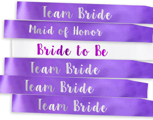 6 PACK Bachelorette Sashes for Bride and Bridesmaid, Purple Maid of Honor Team Bride Sashes for Bridal Shower or Bachelor Party Decorations, Silver Letter