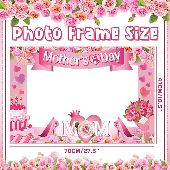 Mothers Day Decorations 23pcs Mothers Day Photo Booth Props and Pink Photo Frame Happy Mothers Day Selfie Props with Sticks for Mother Day Party Supplies