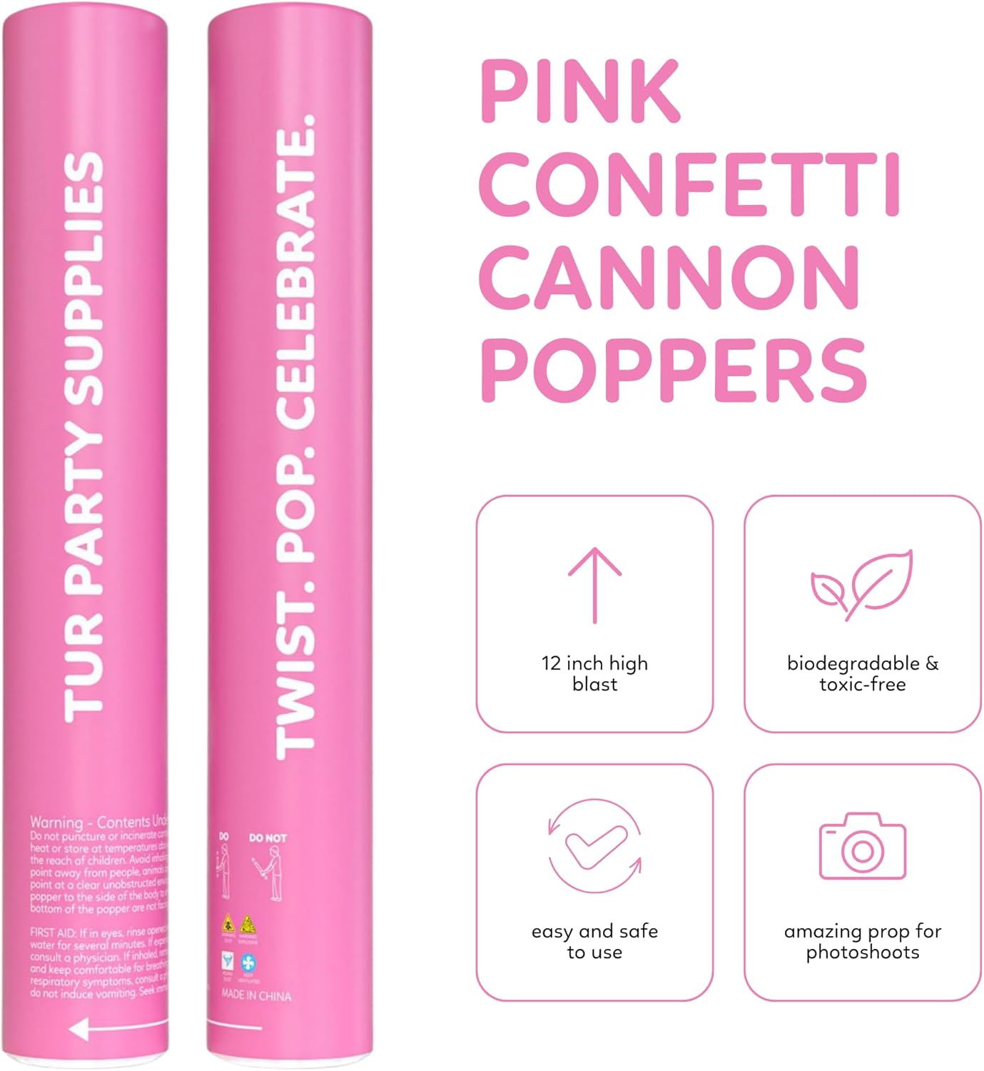 Pink Confetti Cannon Poppers | 2 Pack | Biodegradable Pink Confetti | TUR Party Supplies | Up to 25ft | Giant (12”) | Party Poppers for Graduation, Birthdays, and Bachelorette & Princess Parties
