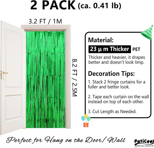 Football Party Decorations Green Streamers - Thicken 2 Pack 3.2 x 8.2 FT - Tinsel Foil Fringe Curtains Party Backdrop for Birthday, Dinosaur, Christmas, Jungle, Golf Party Decorations