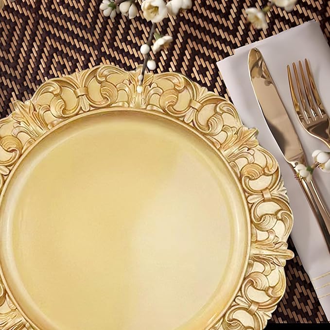 6 Pack Gold Charger Plates 13" Round Charger Plates for Dinning Plates with Embossed Rim Plastic Charger for Dinner, Wedding, Elegant Tableware Decor