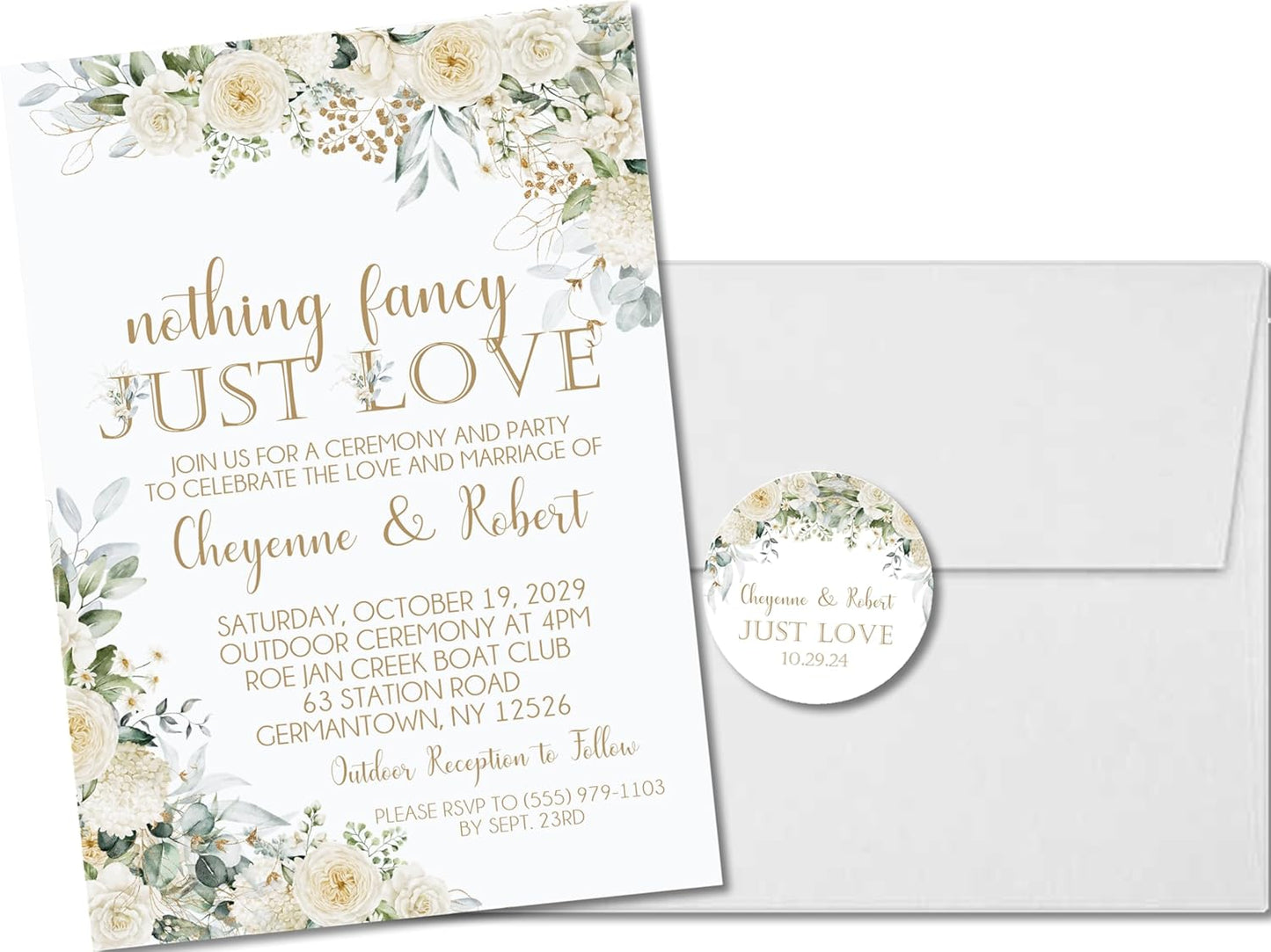 Green & White Wedding Invitations, Ivory Rose Garden, Personalized, Set of 12 Invitations with Envelopes