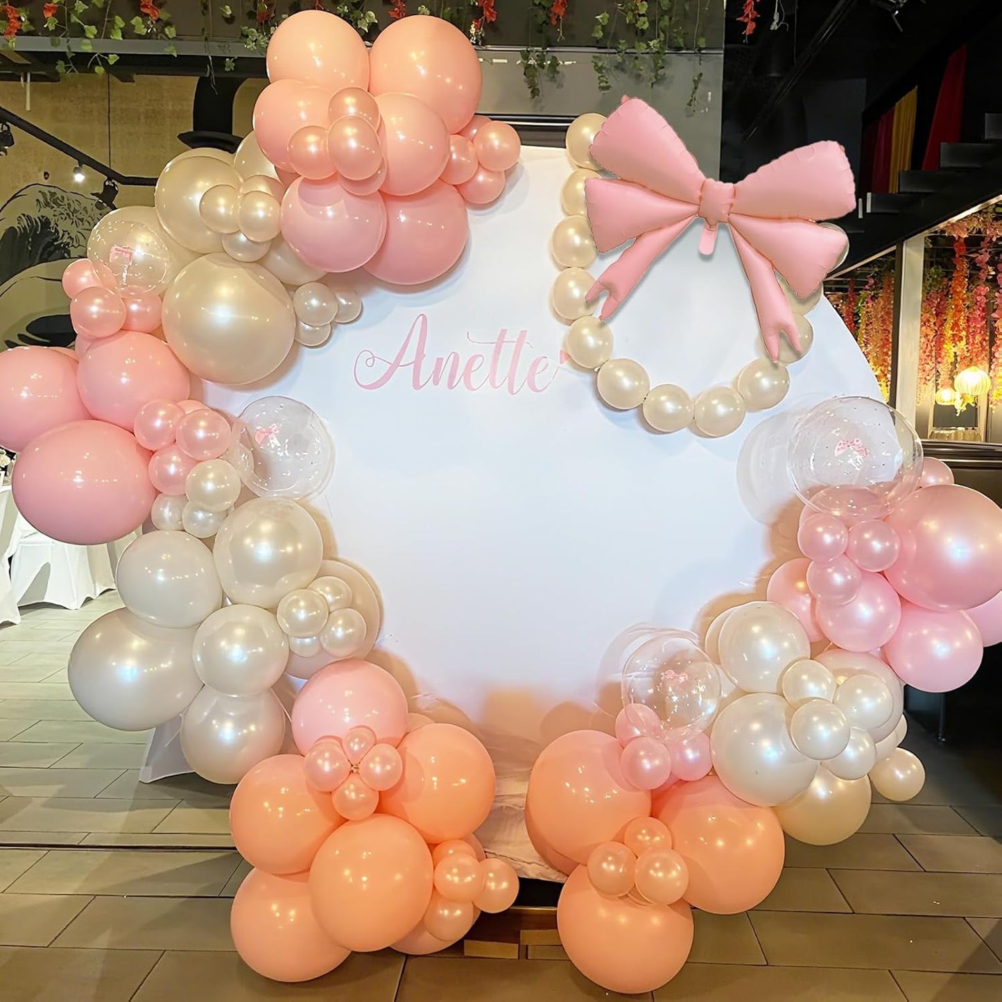 Double Stuffed Pearl White and Pink Balloon Arch Garland Kit, Pearl White Beige with Pink Bow Foil Balloons for Girls Women Wedding Bridal Baby Shower Bachelorette Coquette Birthday Party Decorations