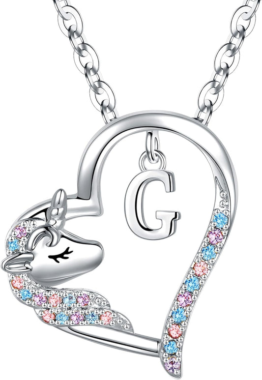 Anoup Unicorn Gifts for Girls Necklace - Colorful CZ Heart Pendant A-Z Initial Necklaces Cute Unicorns Jewelry Birthday Gift for Girl