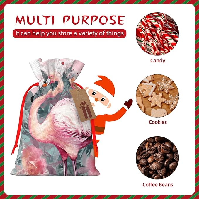 QSMJKLD Drawstring Christmas Gift Bags Vintage Boho Flamingo Florals Gift Bag Burlap Xmas Candy Pouch Reusable Christmas Wrapping Bag Xmas Party Favor Bags for Holiday Wrapping Presents Small