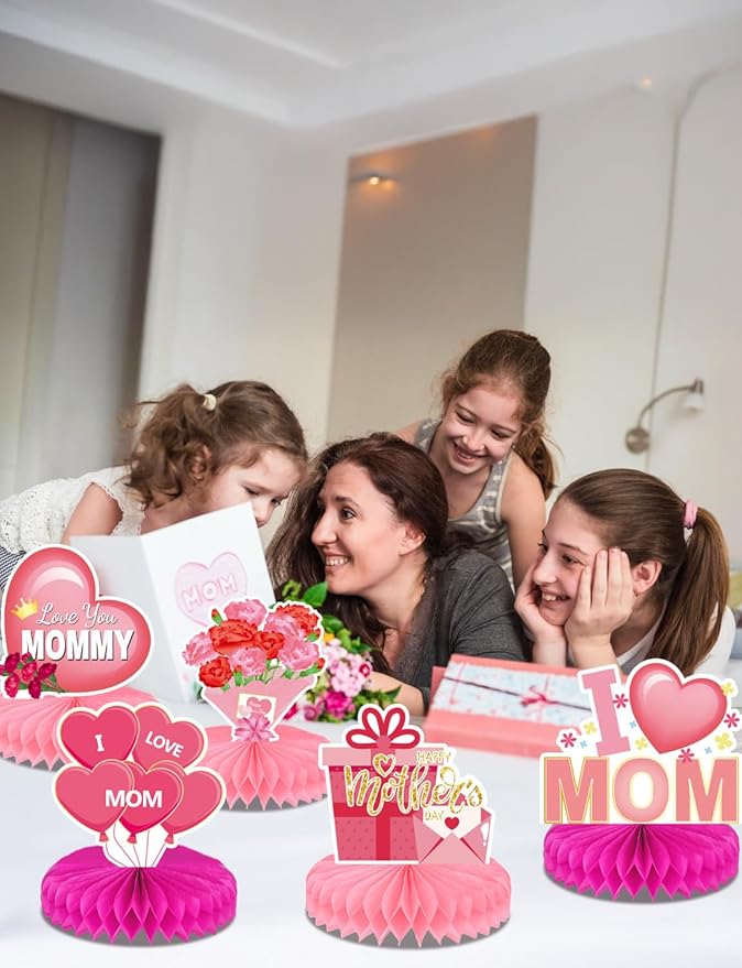 Mothers Day Table Decorations - Happy Mothers Day Centerpieces for Tables, 9Pcs Pink Super Mom Theme Honycomb Centerpieces, 3D Flowers and Heart Table Toppers, for Mother‘s Party Supplies