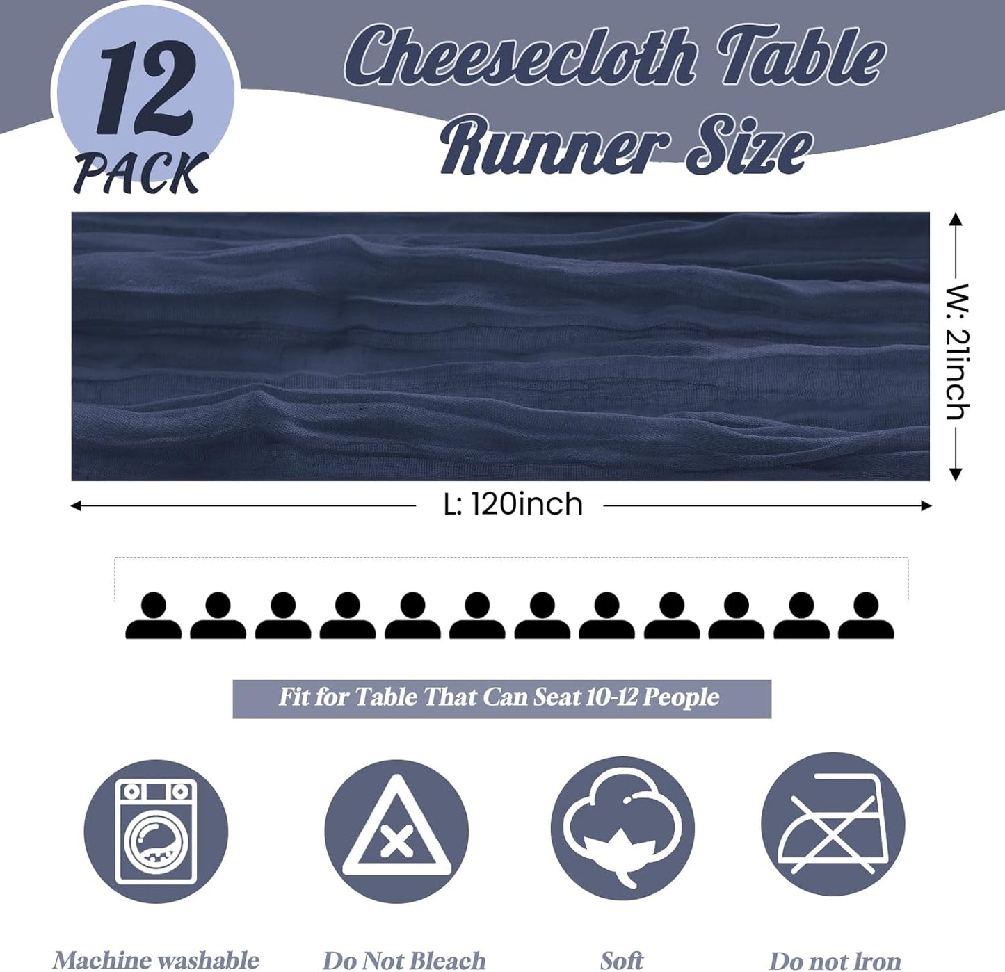 12 Pack Navy Blue Table Runner 10FT Cheesecloth Table Runner 21 x 120 inch Boho Gauze Cheese Cloth Table Runner Rustic Sheer Table Runner for Party Wedding Bridal Baby Shower Birthday Table Decor