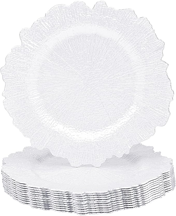 MAONAME 13" White Charger Plates, Round Reef Chargers for Dinner Plates, Plastic Plate Chargers for Table Setting, Wedding Decor, Set of 12