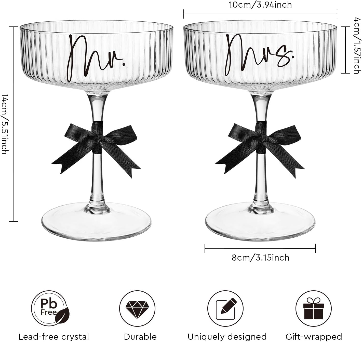 AW BRIDAL Mr and Mrs Champagne Glasses Enagagement Gifts for Newlywed Couples 2025, Bride and Groom Martini Glasses Set of 2 for Wedding Bridal Shower, Anniversary Coupe Glass Set Gift for Margarita