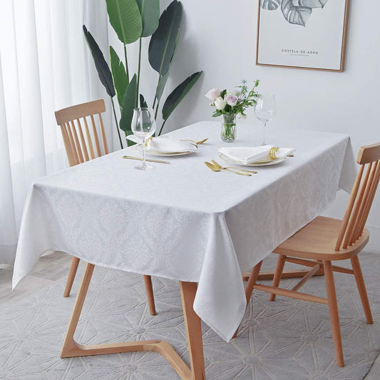 maxmill Jacquard Table Cloth Damask Pattern Spillproof Wrinkle Resistant Heavy Weight Soft Tablecloth for Kitchen Dinning Tabletop Outdoor Picnic Rectangle 52 x 70 Inch White