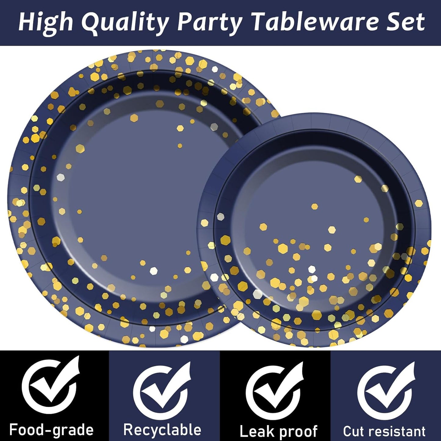gisgfim 50 Guests Blue and Gold Party Supplies Tableware Set Gold Dot on Blue Paper Plates Napkins Disposable Paper Plates Graduation Table Decors for Men Women Happy Birthday Party Decorations 200PCS