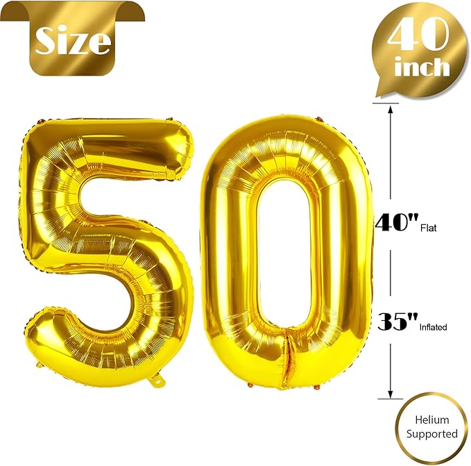 Gold Number 50 Balloon 40 inch, 50 Number Balloons, 50th Gold Birthday Decorations, 50 Year Old Women Men Golden Party Supplies