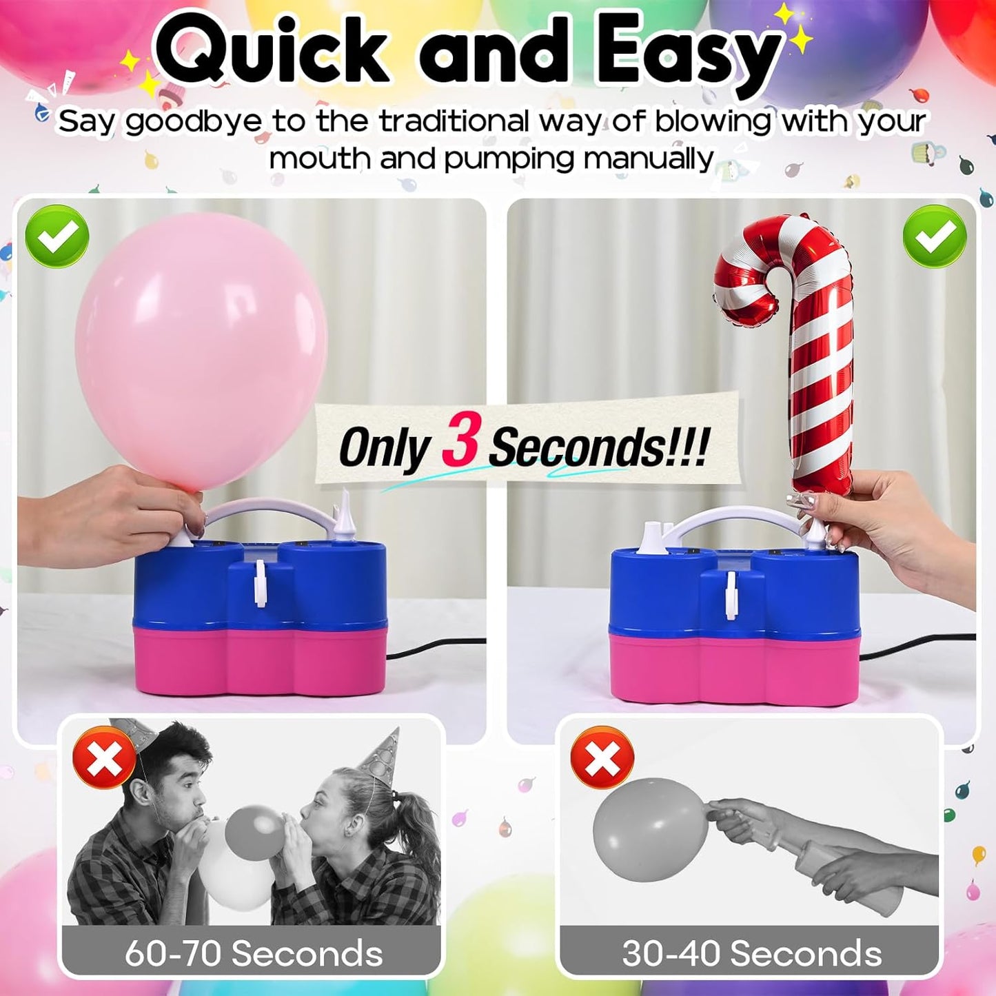 3-in-1 Electric Balloon Pump, Portable Air Pump for Latex 260q Foil Balloons, Dual Nozzle Balloon Blower Machine for Party Decoration, 110V AC Inflator Deflator for Inflatables Pool Floats Mattress