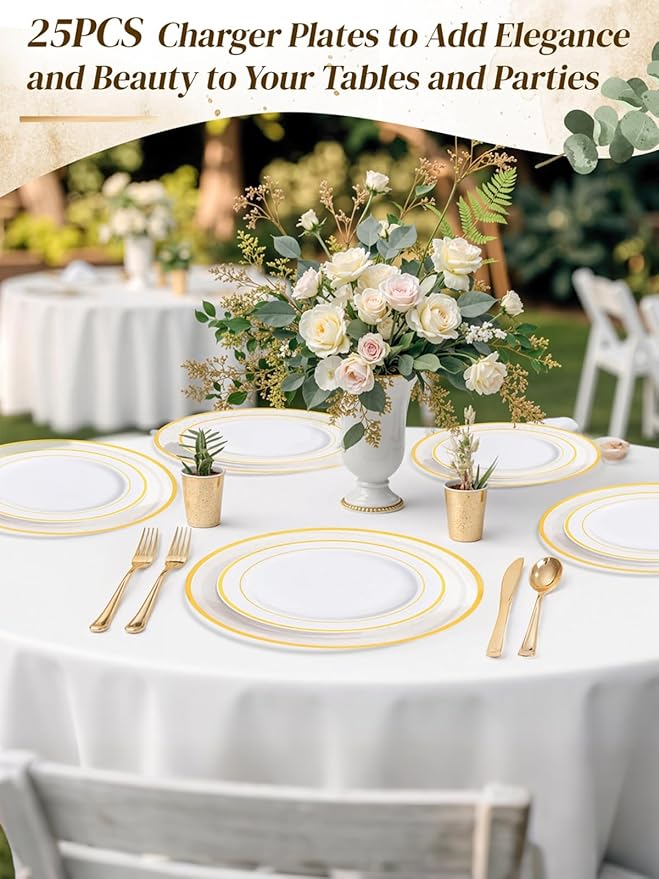 WDF 25Pack Gold Charger Plates - 12inch Clear Chargers with Gold Trim - Clear Plates Disposable for Wedding Baby Shower Spring Birthday