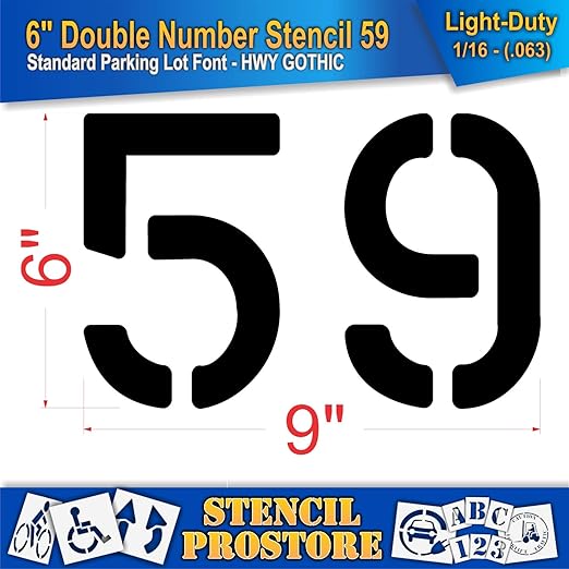 Pavement, Curb, and WheelStop Stencils - 6 inch Double Number Stencil - (59) - 6" x 9" x 1/16" (63 mil) - Light-Duty