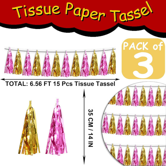 3P Gold Pink Tassel Banner Garland Metallic Foil Fringe Banner Tinsel Tassels Streamer Banner Backdrop for Parade Floats, Graduation, Wedding, Bachelorette, Birthday, Retirement Party Decorations