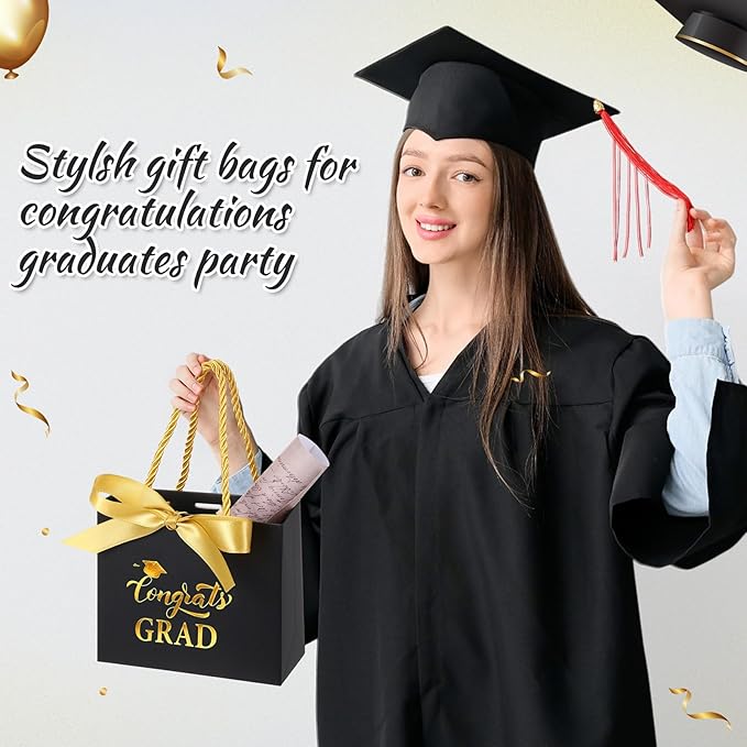 Moinchore 30 Pcs Black Gold Graduation Paper Gift Bags Bulk 5.5 x 4.7 x 2.5'' Mini 2026 Congrats Grad Favor Bags with Handles Bow Ribbon Wrap Graduation Day Party Supplies for College High School