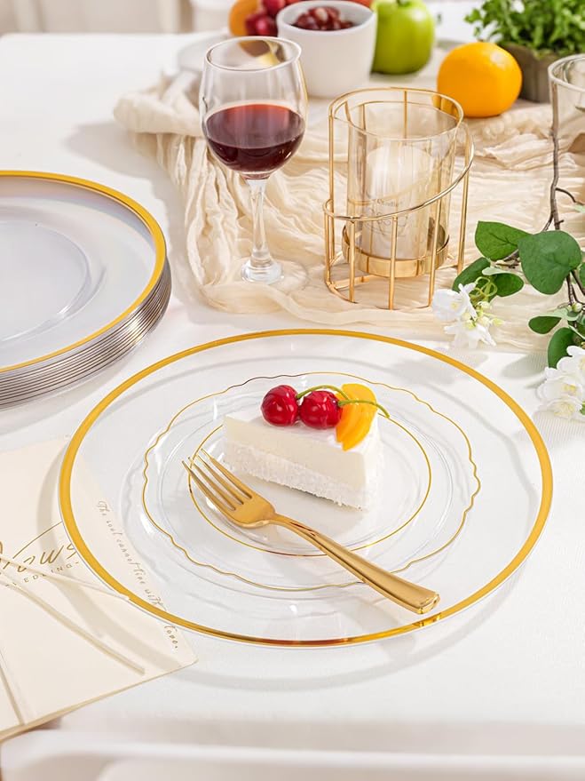 WDF 25Pack Gold Charger Plates - 12inch Clear Chargers with Gold Trim - Clear Plates Disposable for Wedding Baby Shower Spring Birthday