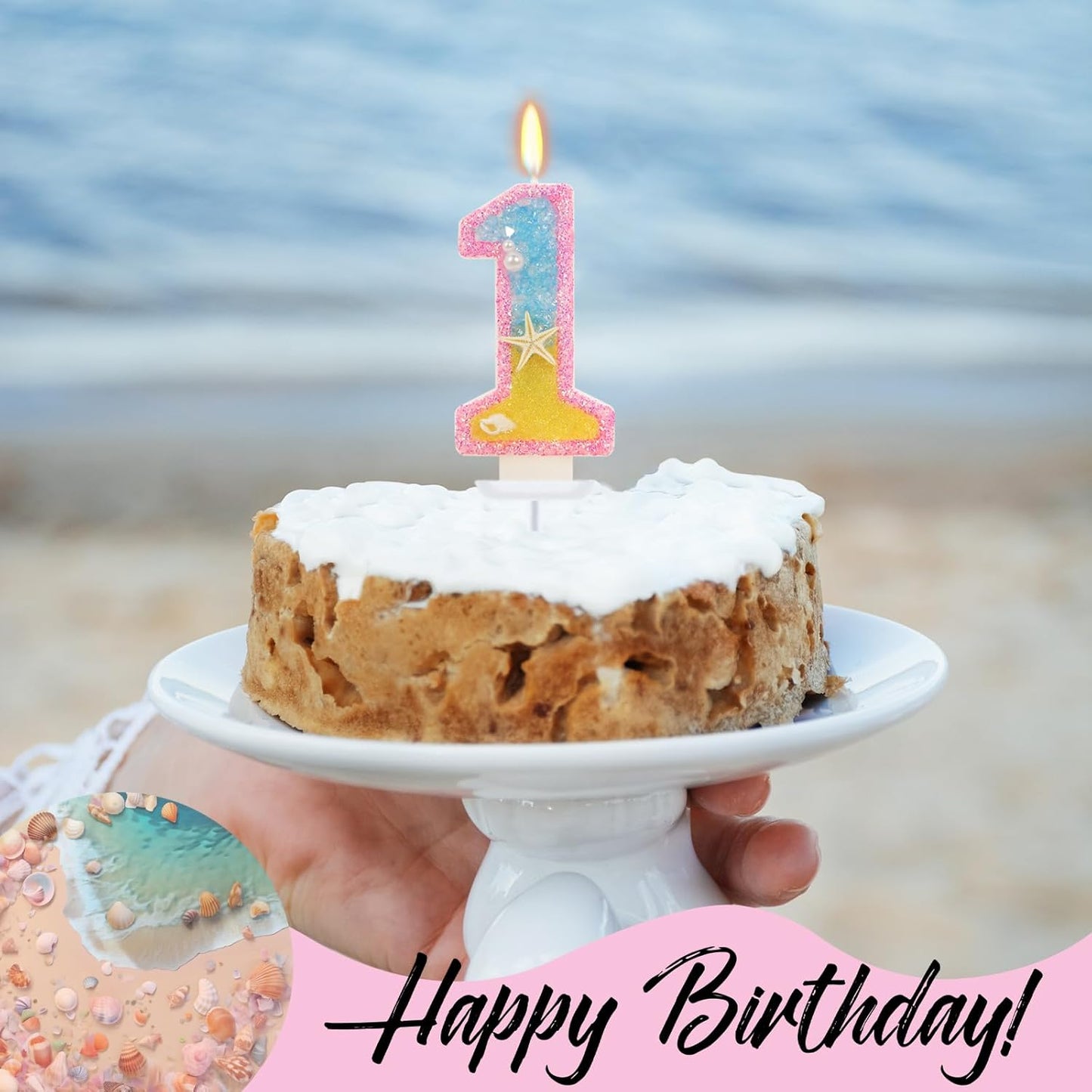 1st Birthday Candle for Cake, Pink Beach Starfish Sequins Number Cake Candles, 2.76 inch Pink Cake Topper Decoration for Birthday Party (Number 1)