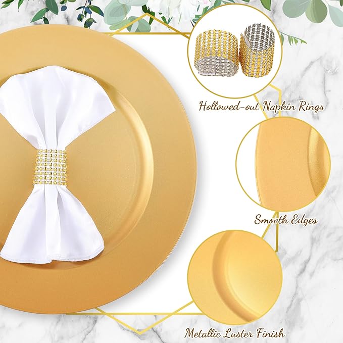Tanlade 100 Pcs Charger Plates Set Bulk Include 50 Plastic Plate Chargers and 50 Napkin Rings 13" Round for Dinner Table Setting Wedding Baby Shower Decoration(Gold)
