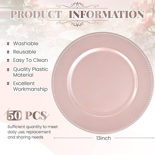 50 Pcs Rose Gold Charger Plates Bulk, 13" Round Beaded Plate Chargers, Decorative Dinner Chargers Plastic Table Charger for Wedding Holiday Party Baby Shower Event Decoration (Rose Gold)