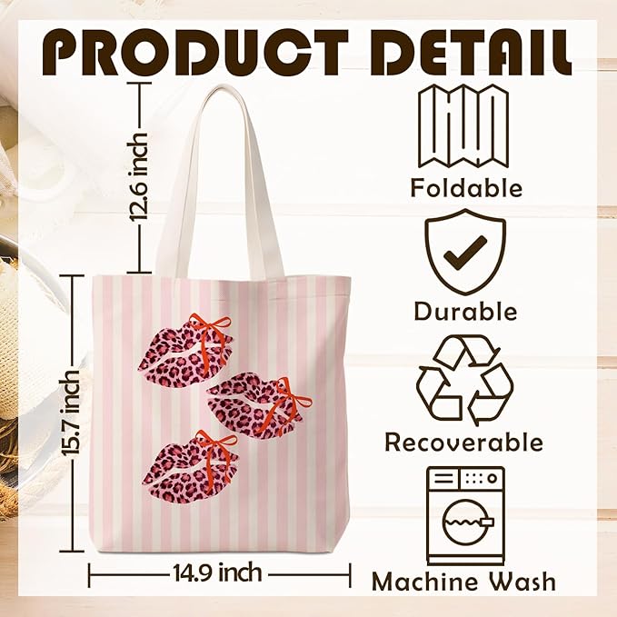 Coquette Bow Pink Leopard Lip Tote Bag for Women,Trendy Cheetah Print Canvas Tote Bag for Girls,Girly Leopard Lip Print Aesthetic Reusable Shopping Grocery Bags Party Favors