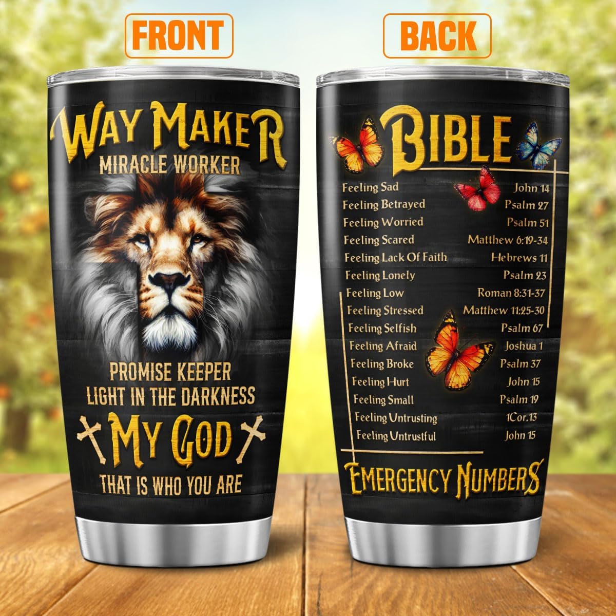 Christian Lion Tumbler with Bible Emergency Numbers, 20oz Stainless Steel Insulated Cup for Men and Women, Faith Gift for Birthday, Church, Spiritual Encouragement