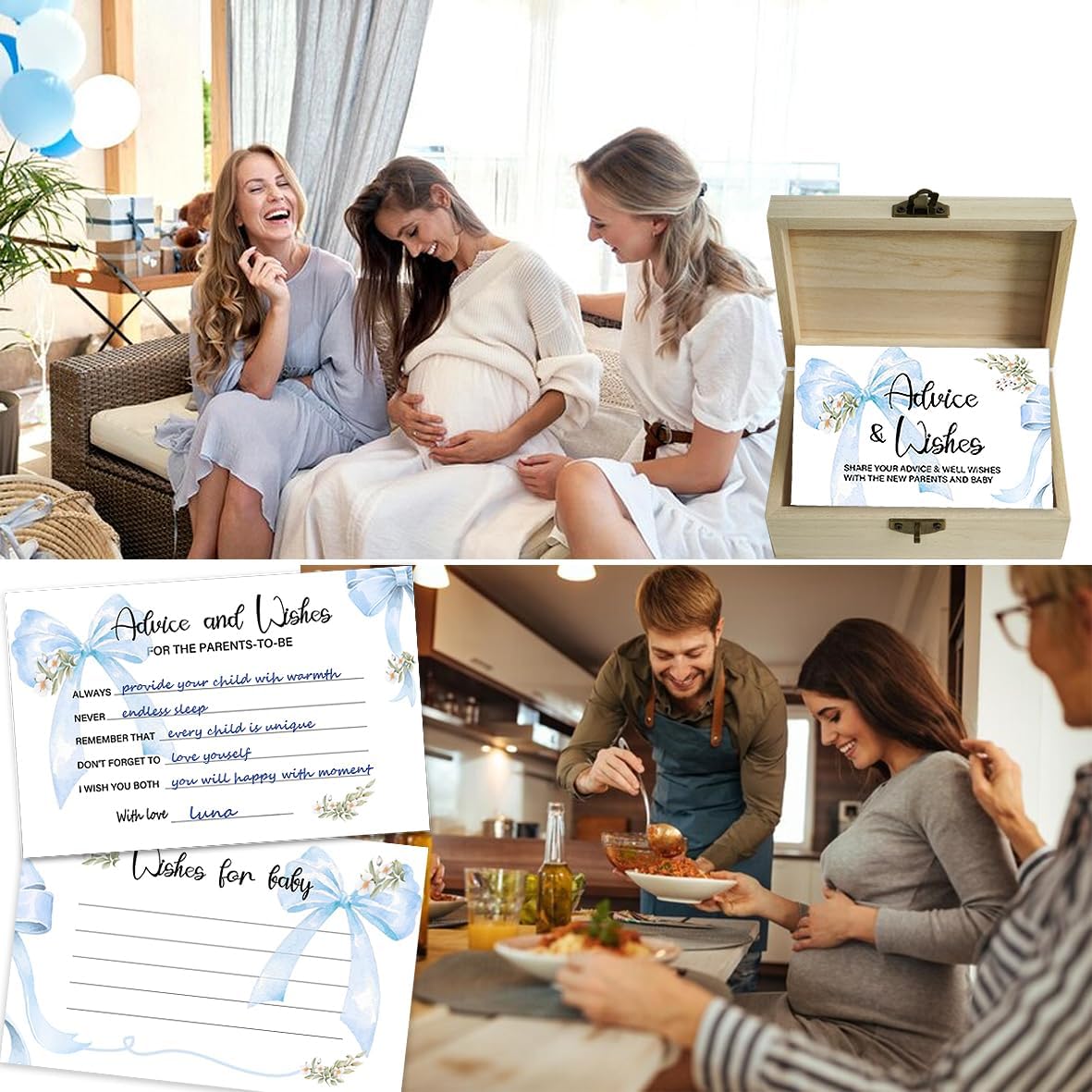 50Pcs Blue Bow Baby Shower Advice Cards for Baby Shower Games, Bow Advice and Wish Cards Box for New Parents Baby Shower Decorations (Blue)