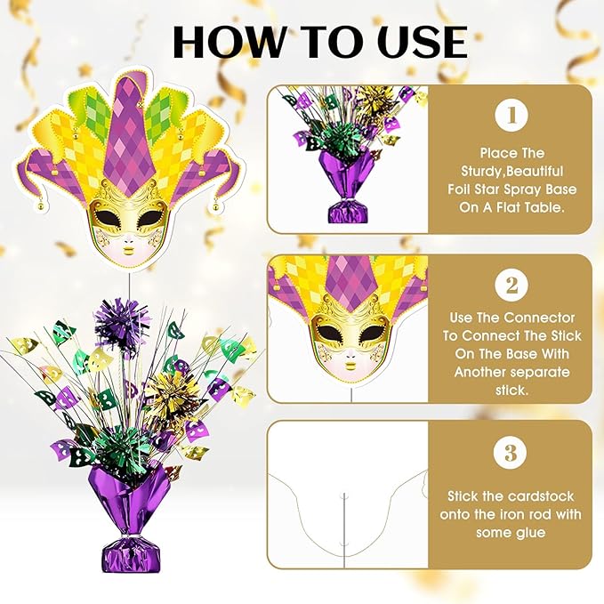6 PCS Mardi Gras Table Centerpieces Metallic Plastic Carnival Decoration Centerpiece Glitter Foil Masquerade Party Table Decor with Carnival Cutouts for Festival Home Table Party Supplies Decor