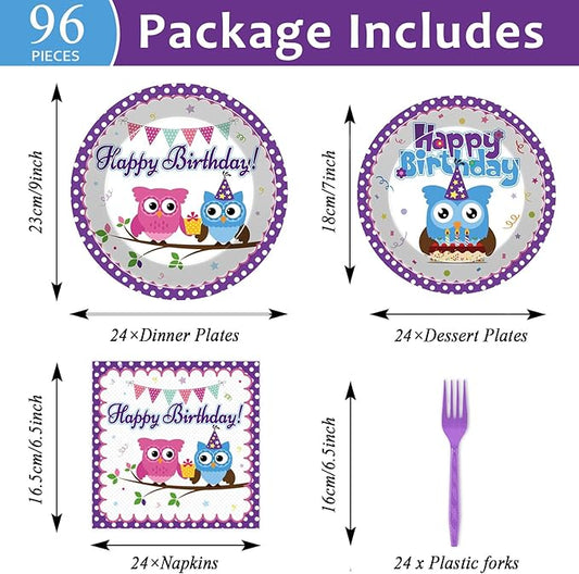 96Pcs Owl Birthday Party Supplies Owl Theme Paper Plates Napkins Animal Party Decorations Cute Owl Dinnerware Party Favor Boys Girls Baby Shower Tableware Serves 24