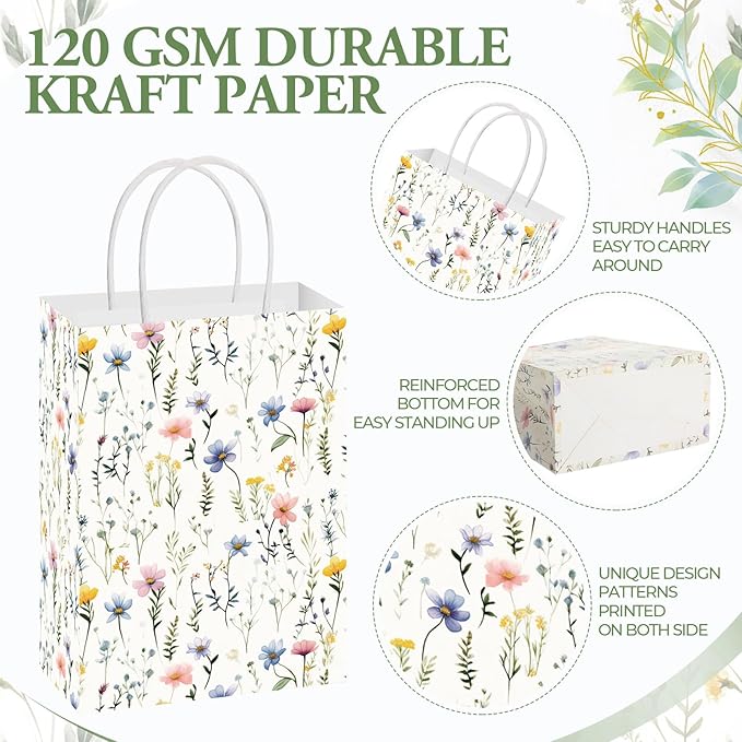Resholder 30 Pcs Wildflower Paper Gift Bags with Handles Spring Floral Party Favor Bags Colorful Flower Goodie Gift Candy Treat Pouches for Wedding Bridal Shower Baby Shower Birthday Spring Tea Party