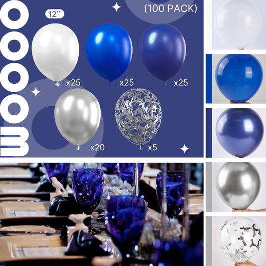 PartyWoo Blue and Silver Balloons 100 pcs 12 Inch Navy Royal Blue White Sliver Confetti Helium Balloons for Graduation New Year Weddings Father's Day Baby Shower Birthday Party Decorations