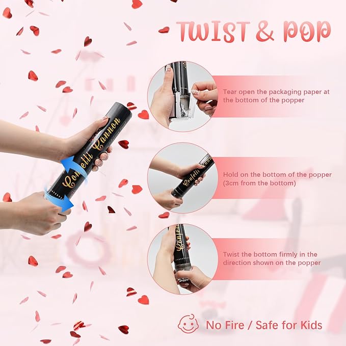 Red Heart Confetti Cannons 12 Pack, 12" Romantic Party Poppers with Metallic & Tissue Red Confetti for Valentine’s Day, Engagement, Wedding, Anniversary, Bridal Shower & Bachelorette Celebrations