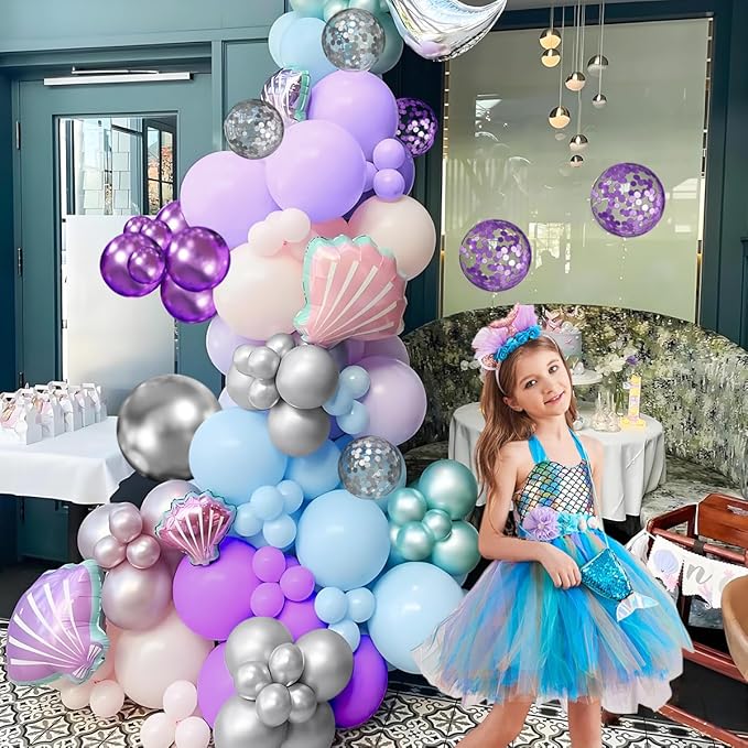 MEBAY Purple Silver Balloon Arch Kit, 147PCS Pastel Purple Matte Lavender Violet Metallic Lilac Silver Confetti Balloons Garland for Baby Girl Princess Party Birthday