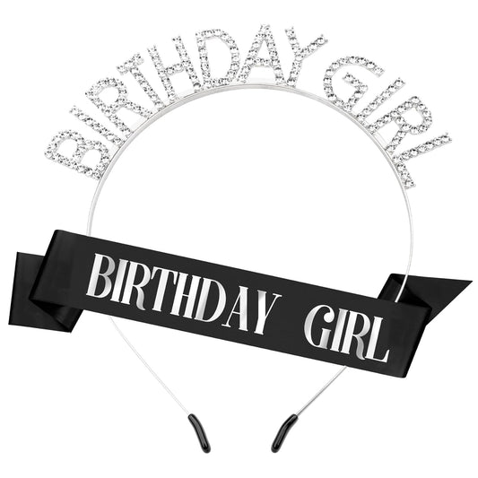 Birthday Sash Birthday Crown for Women, Birthday Girl Sash, Birthday Girl Crown, Black Birthday Sash and Crown Rhinestone Headband Set, Happy Birthday Girl Princess Tiara Sash Accessories Gifts