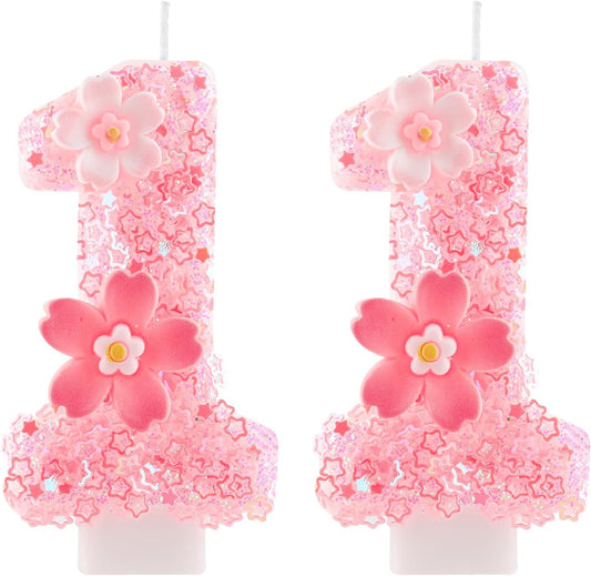 Cherry Blossom Pink Number 11 Birthday Candle, 2.8in Cute Shiny Happy 11th Birthday Candle with Tray & Stick Girls 11 Candle for 11 Birthday Ideal Birthday Parties Cake Decoration & Gifts