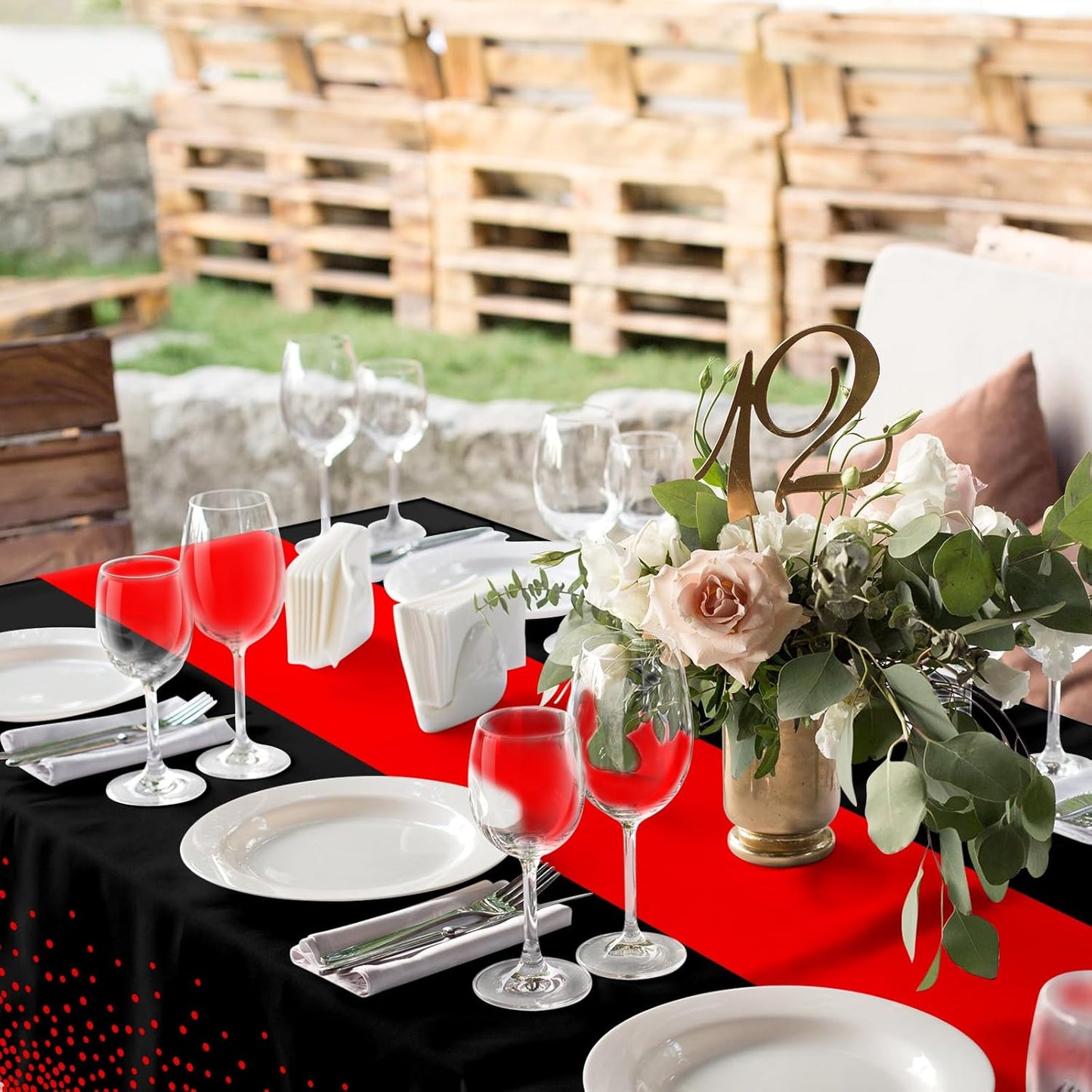 MASHAN 6Pcs Black and Red Tablecloth Party Decorations,Plastic Black Table Cloth Printed Red Table Runner Disposable Rectangle Cover for Birthday Weeding Anniversary Graduation Party,54 x108 Inch