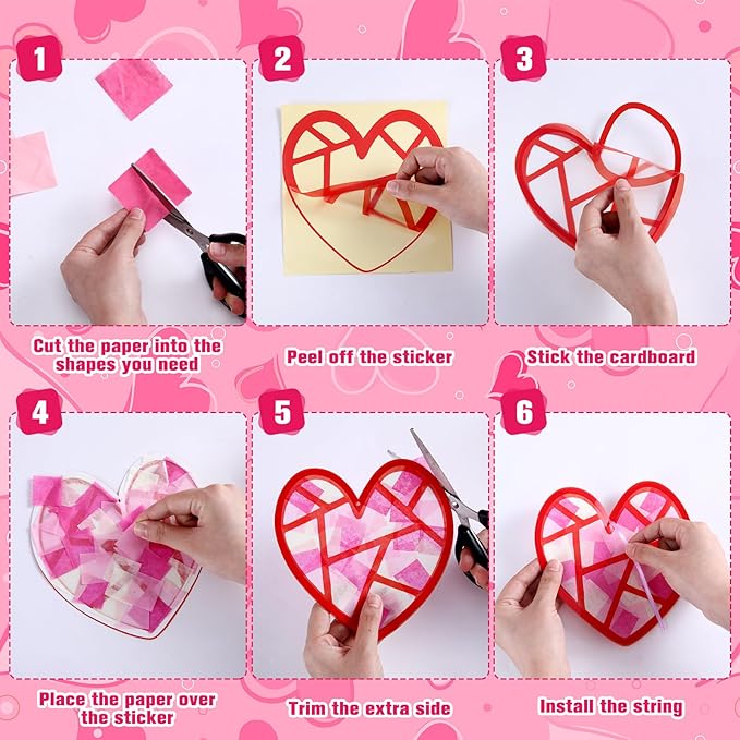 Motipuns 32 Sets Valentine Suncatchers Paper Craft Set DIY Heart Shaped Window Stained Glass Effect Paper Kit for Valentine Mother's Day Art Projects Party Favors(Cute Style)