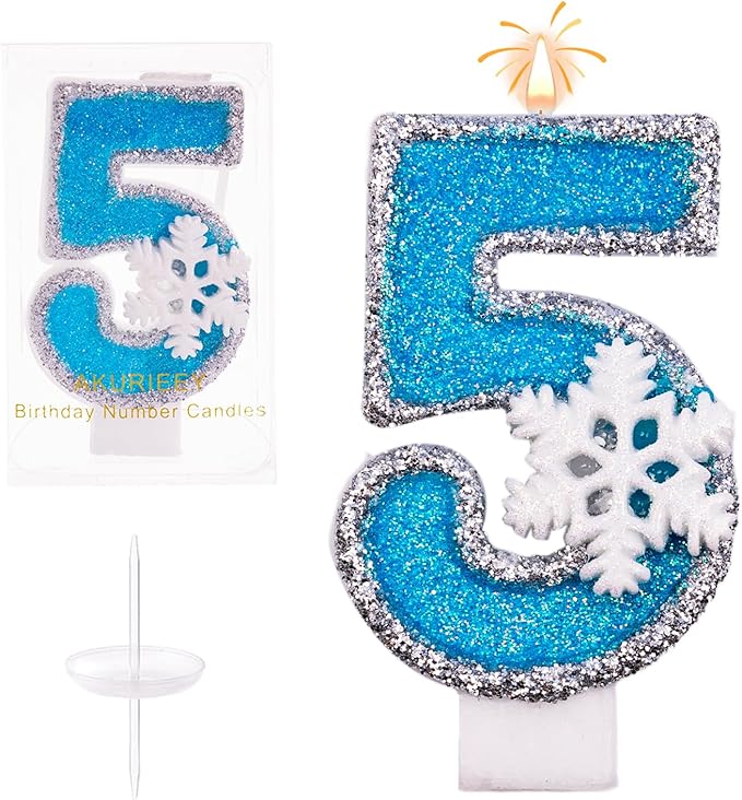 5th Blue Snowflake Birthday Candles Frozen Themed Number 5 Candles for Cake Topper Cupcake Decorations Party Decor Anniversary Celebrations Supplies