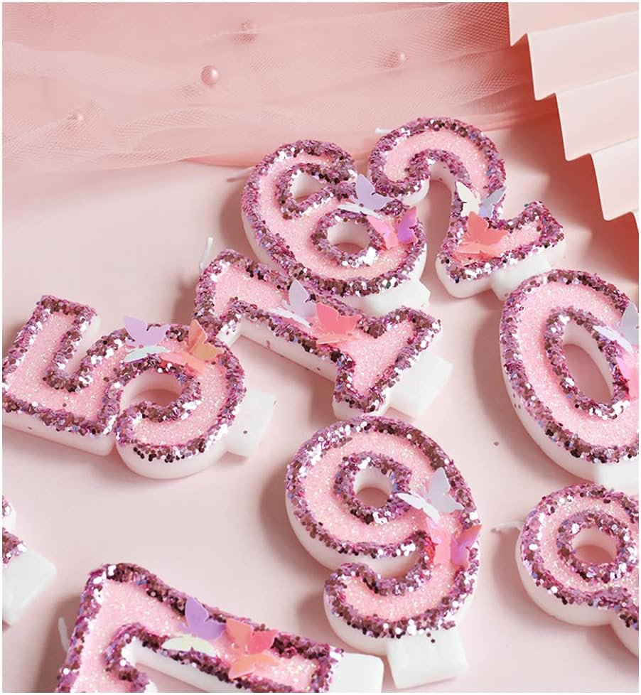 Birthday Candles Number 6,Pink Glitter Happy Birthday Cake Candles Handmade Sequin Numeral Candle