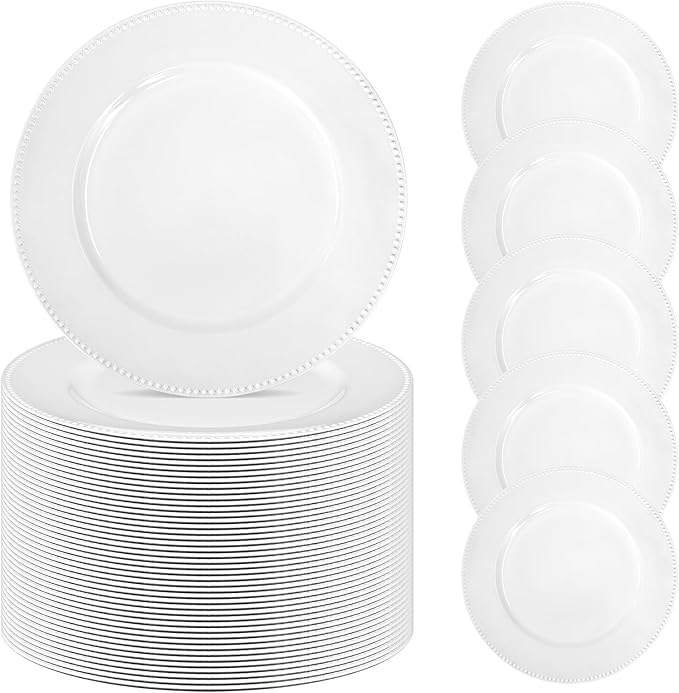 50 White Dinner Plates, 13" Round Beaded Decorative Chargers for Wedding, Holiday, Baby Shower Events (White)