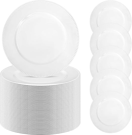 50 White Dinner Plates, 13" Round Beaded Decorative Chargers for Wedding, Holiday, Baby Shower Events (White)