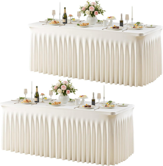 Besutolife Ivory Spandex Tablecloth for 6ft Rectangle Tables 2 Packs- Wrinkle-Resistant, Stretchable, Machine Washable - Perfect for Weddings Banquets Birthday Parties Events