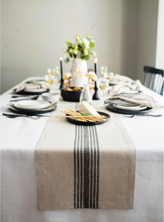 Solino Home Linen Table Runner 132 Inches Long - 100% Pure Linen Black and Natural Farmhouse Table Runner 14 x 132 Inch for Dining